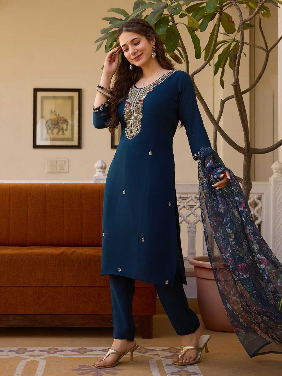 Chanderi Cotton  Embroidery Churidar Suits